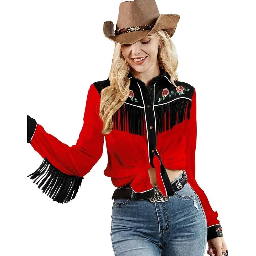 Women's Red Fringe Long Sleeve Floral Embroidered Button Down Blouse Shirts - Picture 1 of 5